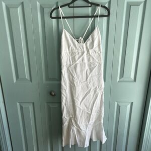 Kiko Linen White Midi Dress L Sleeveless V-Neck Coastal Lagenlook Babydoll Beach